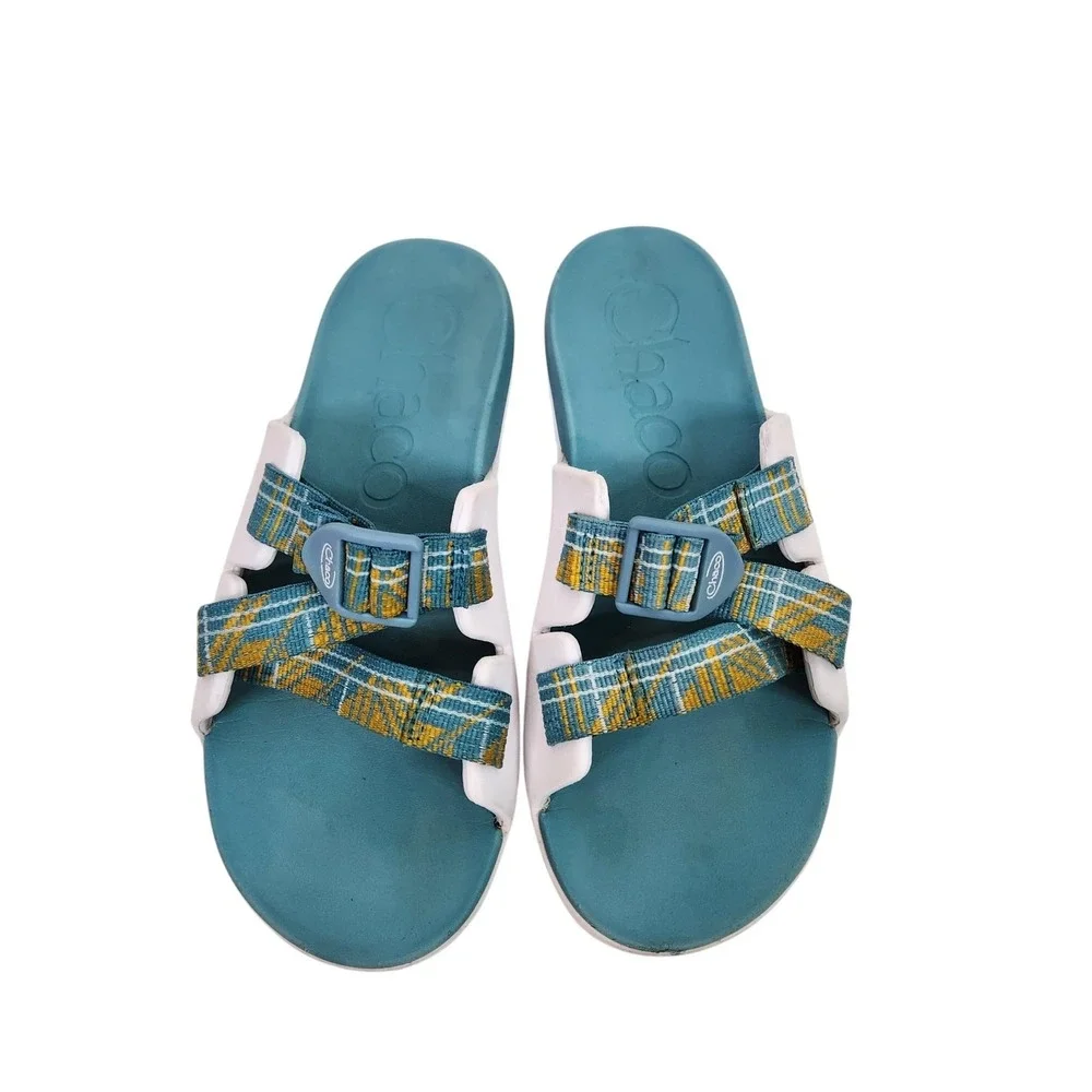 CHACO Sandals Kids 5 36 Blue Plaid Strappy Adjustable Slide Outdoor Water Shoes